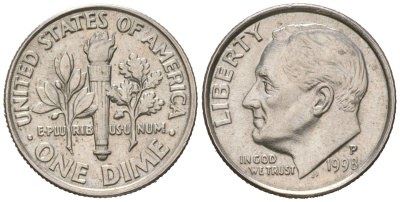 США 10 центов (дайм) 1998 P, президент Рузвельт KM 195a медь плакированная медно-никелем UNC 218-226