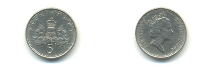 Великобритания 5 пенсов 1990 Елизавета II (1952-2022) KM 937b, Spink 4372 (D4) медно-никель 59-633