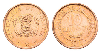 Боливия 10 сентаво 2006 KM 213 сталь плакированная медью UNC 4685-818