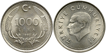 Турция 1000 лир 1990 Кемаль Ататюрк KM 997 медь никель цинк 4541-451