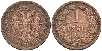 Австрия 1 крейцер 1861 Е, Франц Иосиф I (1848-1916) KM 2186 медь 4585-129
