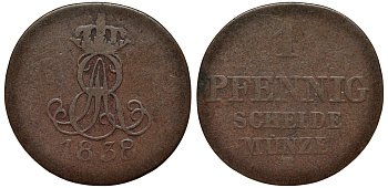 Ганновер 1 пфенниг 1838 B, Эрнст Август (1837-1851) KM 176, AKS 127, J. 53 медь 75-456