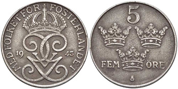 Швеция 5 эре 1943 Густав V (1907-1950) KM 812 железо 115-913