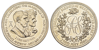 Великобритания медаль "Свадьба принца Эндрю и Сары Фергюсон" 1986 диаметр 39 мм, вес 28 гр никель UNC 633-723