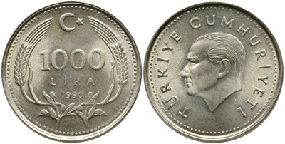 Турция 1000 лир 1990 Кемаль Ататюрк KM 997 медь никель цинк 4541-451