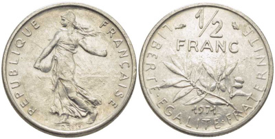 ФРАНЦИЯ 1/2 ФРАНКА 1971 СЕЯТЕЛЬ KM 931.1, LE FRANC 198.10 никель 175-937