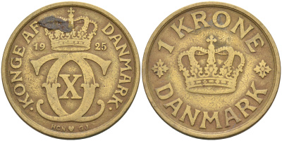ДАНИЯ 1 КРОНА 1925 HCN; GJ, КРИСТИАН X (1912-1947) KM 824.1 алюминиевая бронза 63-1033