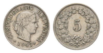 Швейцария 5 раппенов 1947 B KM 26 медно-никель 4627-829