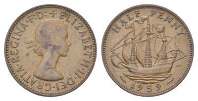 Великобритания 1/2 пенни 1959 Елизавета II (1952-2022) KM 896, Spink 4158 бронза    4660-641