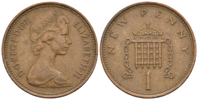 Великобритания 1 пенни 1971 Елизавета II (1952-2022) KM 915, Spink 4237 (B1) бронза 4609-461