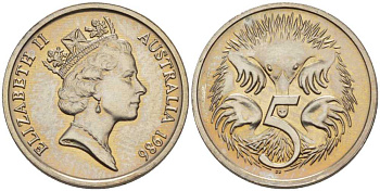 АВСТРАЛИЯ 5 ЦЕНТОВ 1986 ЕЛИЗАВЕТА II, ВТОРОЙ ПОРТРЕТ В КОРОНЕ, ЕХИДНА KM 80 медно-никель UNC 39-1267