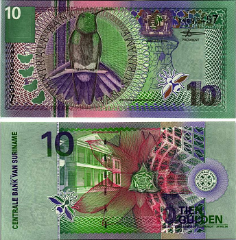 Суринам 10 гульденов 2000 колибри-манго, цветок Pick 147 бумага UNC (пресс) 6352-3-2-2