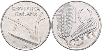 ИТАЛИЯ 10 ЛИР 1984 R, КОЛОСЬЯ, ПЛУГ KM 93 алюминий UNC 4551-234