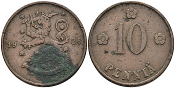 Финляндия 10 пенни 1926 республика (1918-1962) KM 24 медь 4563-614