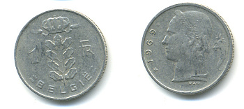 БЕЛЬГИЯ 1 ФРАНК 1969 BELGIE KM 143.1 медно-никель 86-1324