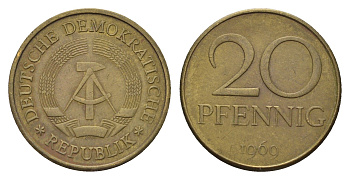 ГДР 20 пфеннигов 1969 A, первый год KM 11 латунь 4679-636