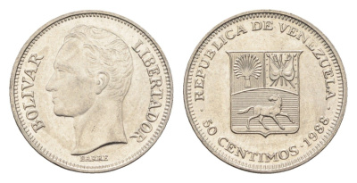 Венесуэла 50 сентимо 1988 Симон Боливар Y 41a сталь плакированная никелем aUNC 4664-656