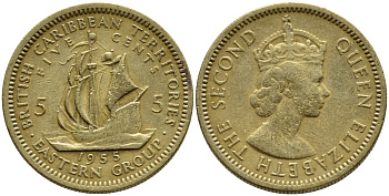 Британские Восточно-Карибские территории 5 центов 1955 Елизавета II (1952-2022), парусник KM 4 никель латунь 89-1635