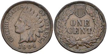 США 1 цент 1904 индеец, Indian head KM 90a бронза    4169-124