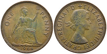 Великобритания 1 пенни 1964 Елизавета II (1952-2022) KM 897, Spink 4157 бронза 83-515