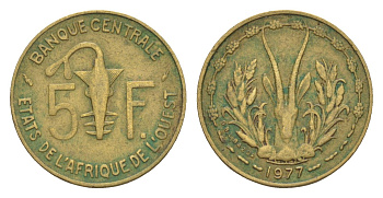 Западная Африка (BCEAO) 5 франков 1977 Центральный банк государств Западной Африки KM 2a медь алюминий никель 4643-743