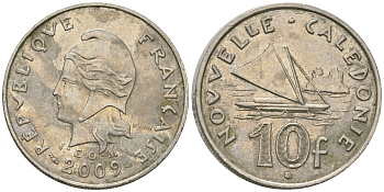 Французская Новая Каледония 10 франков 2009 рыбачья парусная лодка, (IEOM) KM 11a, Schoen 13a, Lec 99k медно-никель 62-1155