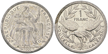 Французская Новая Каледония 1 франк 2000 птица кагу, (IEOM) KM 10, Schoen 10, Lec 52e алюминий 41-1257