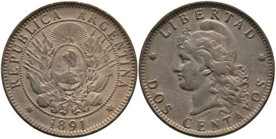 Аргентина 2 сентаво 1891 голова свободы влево KM 8 бронза 4531-1034