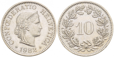 Швейцария 10 раппенов 1982 KM 27 медно-никель 51-355