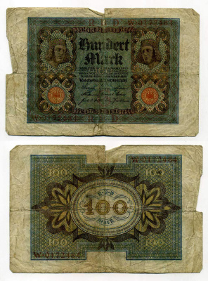 Германия 100 марок 1920 Бамбергский всадник, 7 цифр в номере Pick 69 a, Розенберг 67а  бумага 8619-32-2-2