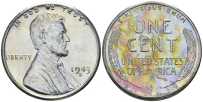 США 1 цент 1943 S (Сан-Франциско), Авраам Линкольн KM 132 a сталь плакированная цинком 96-1156