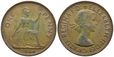 Великобритания 1 пенни 1964 Елизавета II (1952-2022) KM 897, Spink 4157 бронза 83-515