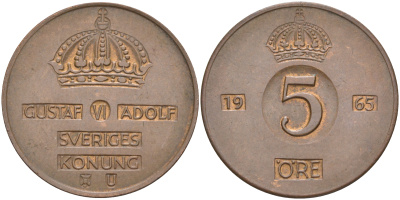 Швеция 5 эре 1965 U, Густав VI Адольф (1950-1973) KM 822 бронза 98-433