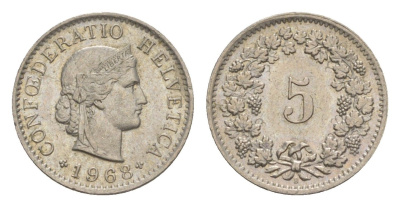 Швейцария 5 раппенов 1968 B KM 26 медно-никель 4611-935