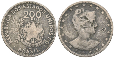 Бразилия 200 реалов 1901 MCMI, голова свободы вправо KM 504 медно-никель 4612-125