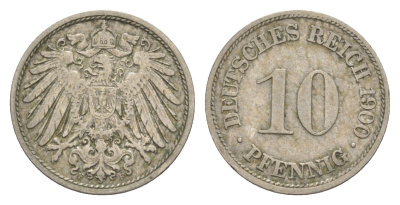 Германия 10 пфеннигов 1900 F, Вильгельм II (1888-1918) KM 12, J. 13 медно-никель 4644-1154