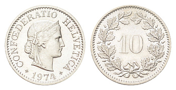 Швейцария 10 раппенов 1974 KM 27 медно-никель 4708-223