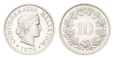 Швейцария 10 раппенов 1974 KM 27 медно-никель 4708-223