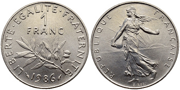 ФРАНЦИЯ 1 ФРАНК 1986 СЕЯТЕЛЬ, тираж 15000 экземпляров KM 925.1 никель UNC 1526-1334