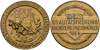 Германия медаль 1964 Бронзовый приз, ежегодная Всегерманская сельскохозяйственная выставка во Франкфурте-на-майне, диаметр 40,5 мм. жёлтый металл 1095-8-32
