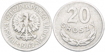 ПОЛЬША 20 ГРОШЕЙ 1967 MW KM А47 алюминий 4532-433