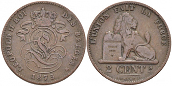 БЕЛЬГИЯ 2 САНТИМА 1875 BELGES KM 35.1 медь 4448-713