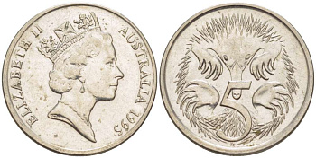 АВСТРАЛИЯ 5 ЦЕНТОВ 1995 ЕЛИЗАВЕТА II, ВТОРОЙ ПОРТРЕТ В КОРОНЕ, ЕХИДНА KM 80 медно-никель 4516-712