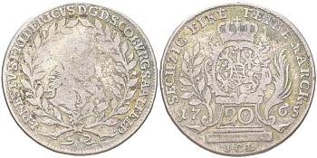 Саксен-Кобург-Заальфельд 20 крейцеров 1765 KM 84 серебро 1529-1214