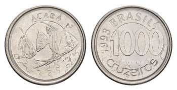 Бразилия 1000 крузейро 1993 реформа 1990-1993, рыбка Акара KM 626 нержавеющая сталь UNC 4644-546