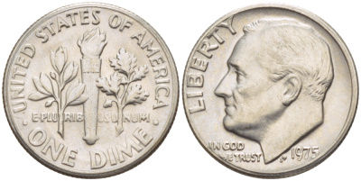 США 10 ЦЕНТОВ = 1 ДАЙМ 1975 РУЗВЕЛЬТ KM 195а медь плакированная медно-никелем 4547-945