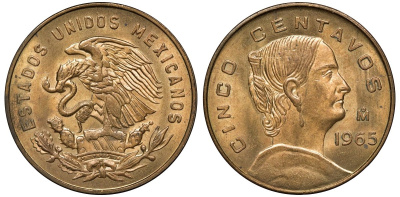 Мексика 5 сентаво 1965 Мо, Жозефа Ортис де Домингес KM 426 латунь UNC 4591-614