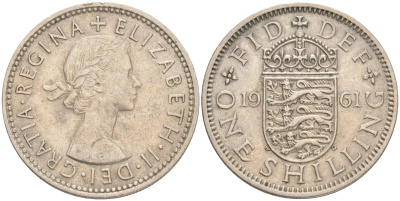 Великобритания 1 шиллинг 1961 Елизавета II (1952-2022), Английский герб KM 904, Spink 4147 медно-никель 4556-637