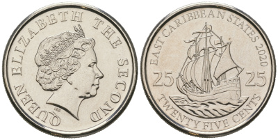 Восточно-Карибские штаты 25 центов 2020 Елизавета II (1952-2022), парусник KM 38 a никелированная сталь  UNC  M60-11