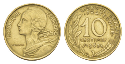 Франция 10 сантимов 1963 KM 929 алюминиевая бронза 4174-638